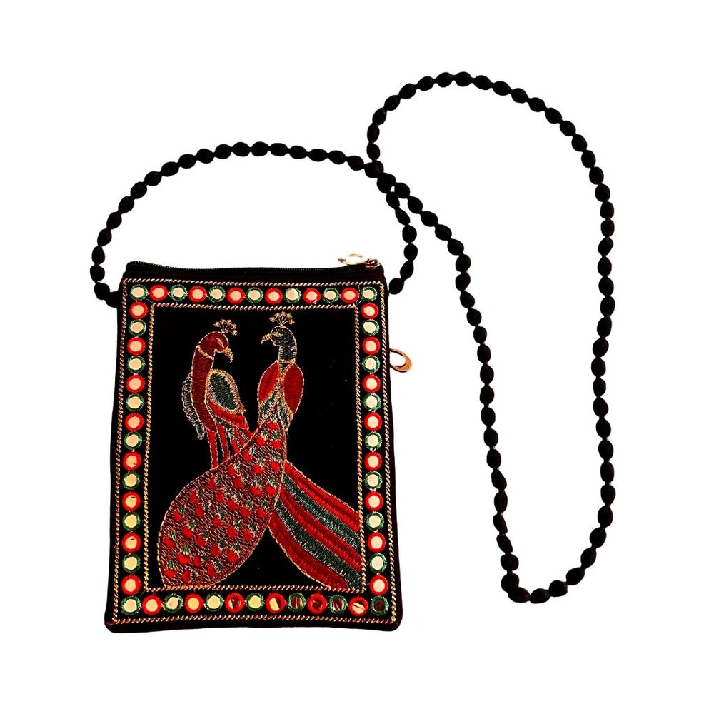 Unique Product Embroidered Handmade Black Velvet Peacock Bag